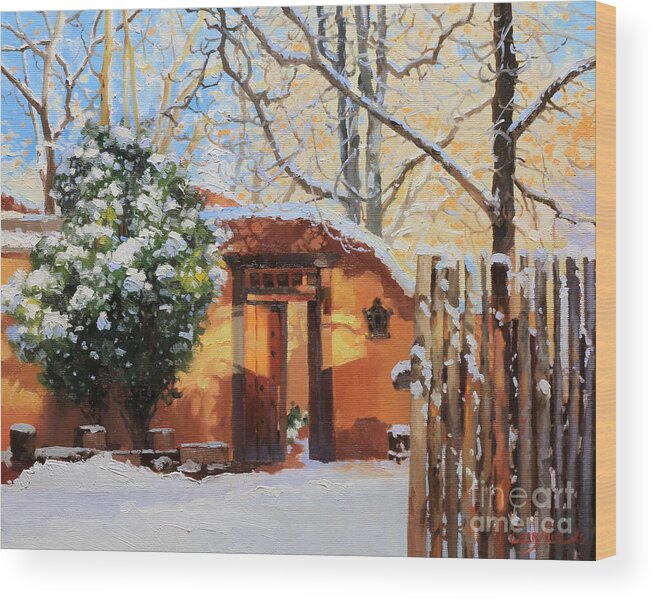 Winter Wood Print featuring the painting Santa Fe adobe in winter snow by Gary Kim