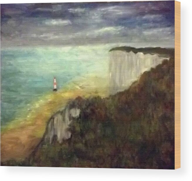 Sea Wood Print featuring the painting Sea, Cliffs, Beach and Lighthouse by Peter Gartner