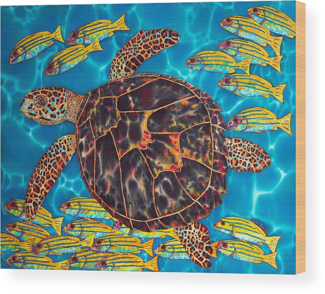 Sea Turtle Wood Print featuring the painting Sea Turtle with Schooling Fish by Daniel Jean-Baptiste