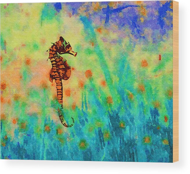 Seahorse Wood Print featuring the photograph Seahorse In the Ocean Watercolor India Ink by Sandi OReilly