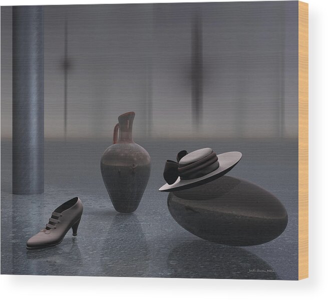 Surreal Wood Print featuring the digital art Shoe and Hat in Gray by Judi Suni Hall