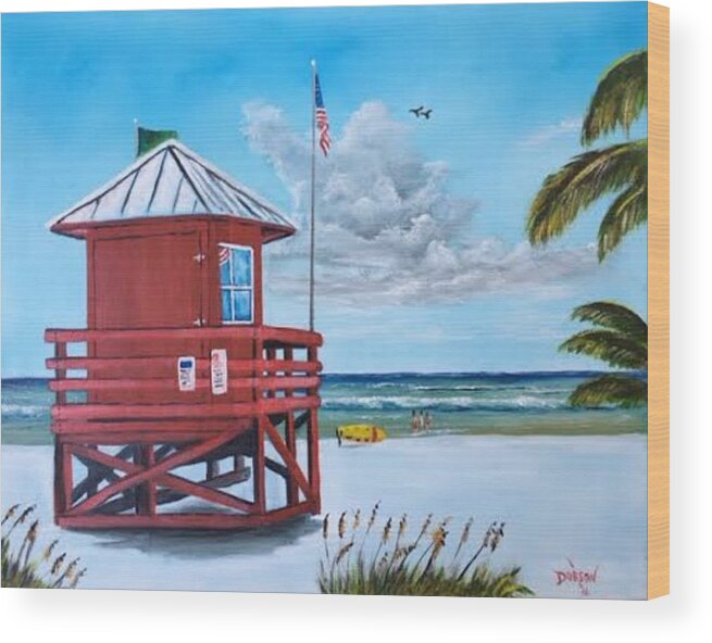 Lifeguard Shack Wood Print featuring the painting Siesta Key Red Lifeguard Shack by Lloyd Dobson