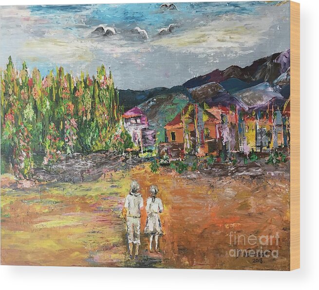 Original Painting Wood Print featuring the painting Small town in the mountains by Maria Karlosak