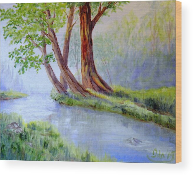 Creek River Water Trees Grass Bush Leaves Forest Branches Mist Sunlight Shadow Reflection Rocks Flow Landscape Mood Brown Green Blue Violet Yellow Green Orange Wood Print featuring the painting Snootli Creek Study by Ida Eriksen