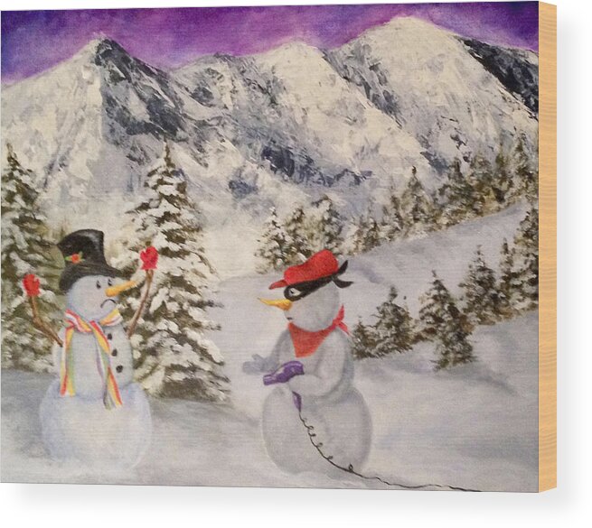 Snowman Wood Print featuring the painting Snowie Hold-Up by Donna Tucker