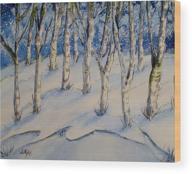 Birch Trees Wood Print featuring the painting Snowy Birch Trees by Kelly Mills