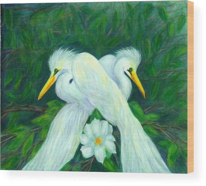 Birds Wood Print featuring the painting Snowy Egrets by Jeanne Juhos