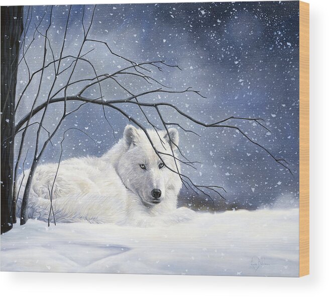 Wolf Wood Print featuring the painting Snowy by Lucie Bilodeau