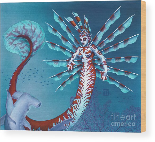 Mermaid Wood Print featuring the drawing Spiny Mermaid by Melissa A Benson