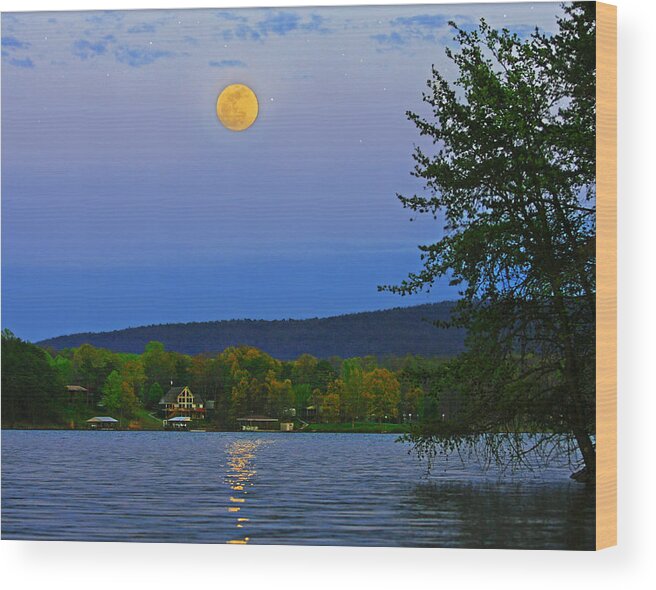 Smith Mountain Lake Virginia Wood Print featuring the photograph Spring's First Full Moon Smith Mountain Lake by The James Roney Collection