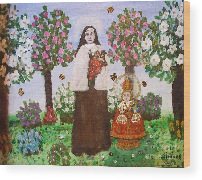 St. Therese And The Infant Jesus Wood Print featuring the painting St. Therese and The Infant Jesus by Seaux-N-Seau Soileau