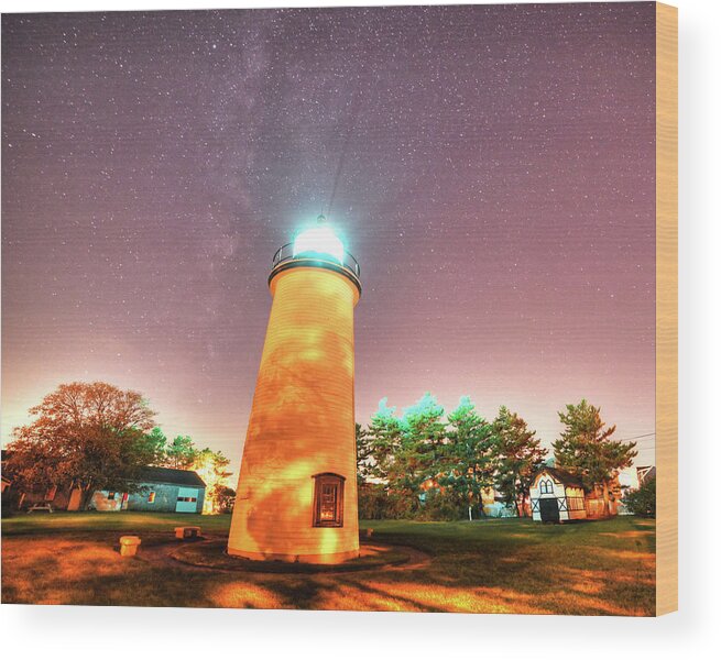 Newburyport Wood Print featuring the photograph Starry Sky over the Newburyport Harbor Light by Toby McGuire