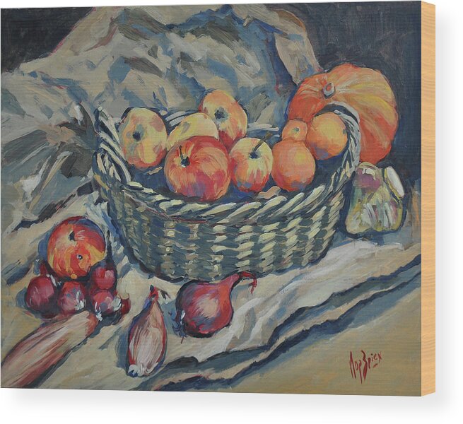 Onions Wood Print featuring the painting Still life with fruit and vegetables by Nop Briex