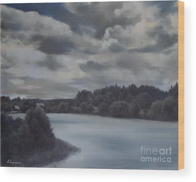 Landscape Wood Print featuring the painting Storm clouds by Andrey Soldatenko