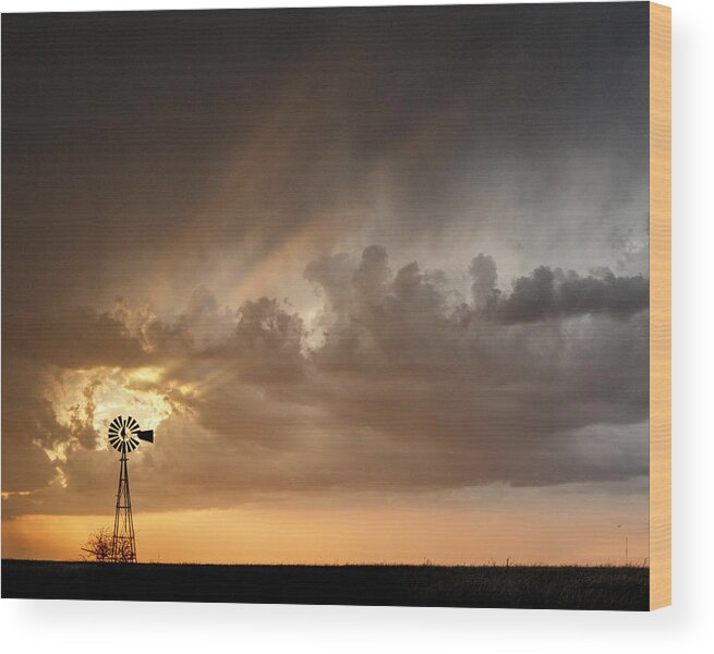 Kansas Wood Print featuring the photograph Stormy Sunset and Windmill 06 by Rob Graham