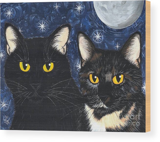Black Cat Wood Print featuring the painting Strangeling's Felines - Black Cat Tortie Cat by Carrie Hawks