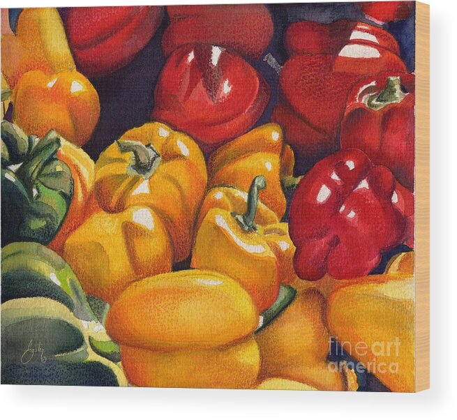 Watercolor Painting Wood Print featuring the painting Summer Peppers by Daniela Easter