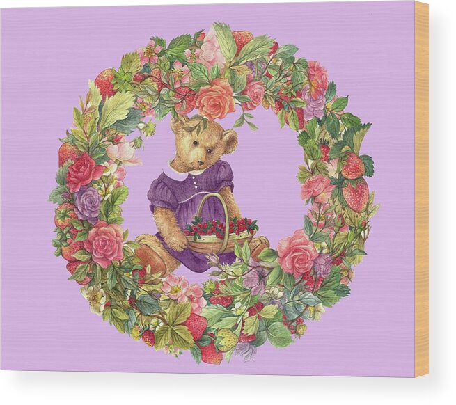 Illustrated Teddy Bear Wood Print featuring the painting Summer Teddy Bear with Roses by Judith Cheng