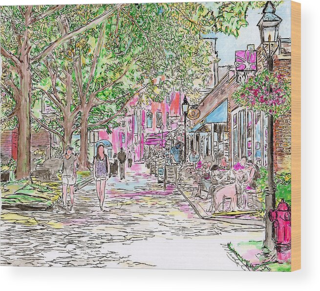 Newburyport Wood Print featuring the drawing Summertime in Newburyport, Massachusetts by Michele A Loftus