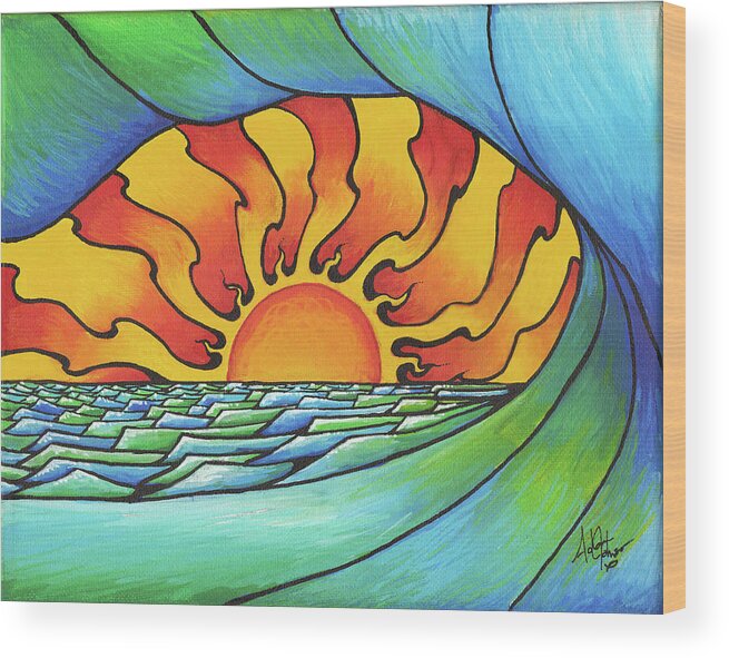 Surf Wood Print featuring the painting Sun through the Curl by Adam Johnson