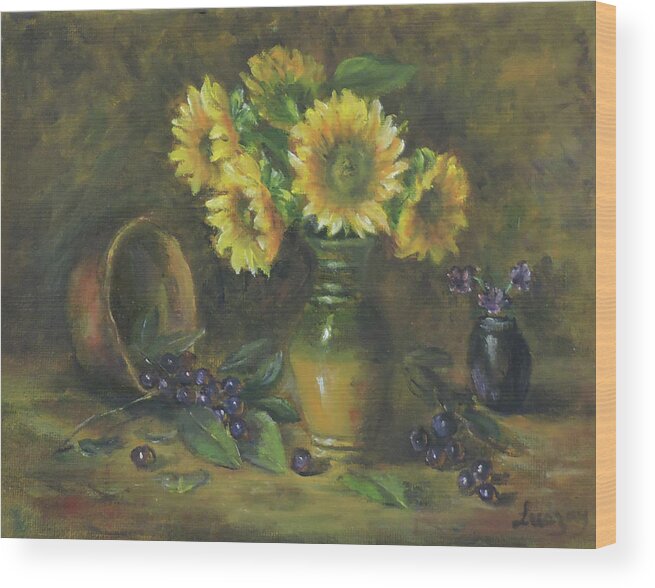 Classical Floral Wood Print featuring the painting Sunflowers by Katalin Luczay