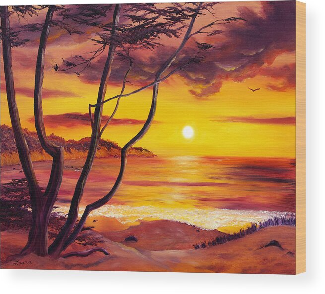 Oil Painting Wood Print featuring the painting Sunset from a Carmel Cypress Tree by Laura Iverson