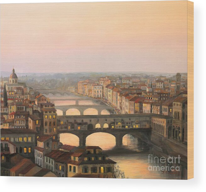 Ancient Wood Print featuring the painting Sunset over ponte Vecchio in Florence by Kiril Stanchev