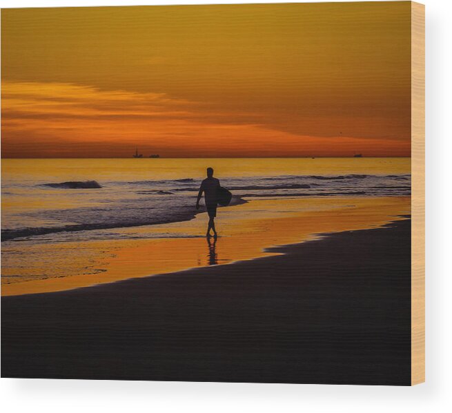 Newport Beach Wood Print featuring the photograph Sunset Surfer by Pamela Newcomb
