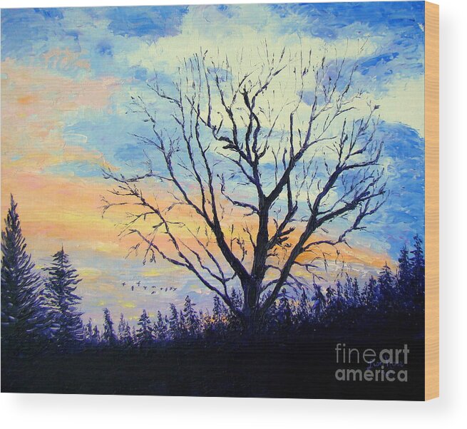 Tree Wood Print featuring the painting Sunset with the Geese by Lisa Rose Musselwhite