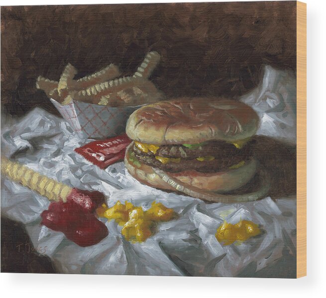 Hamburger Wood Print featuring the painting Suzy-Q Double Cheeseburger by Timothy Jones