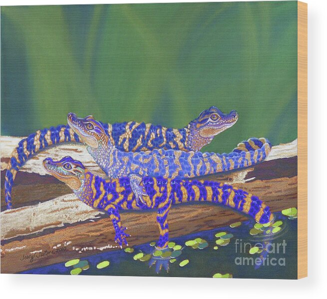 Alligators Wood Print featuring the pastel Swamp Babies by Tracy L Teeter 