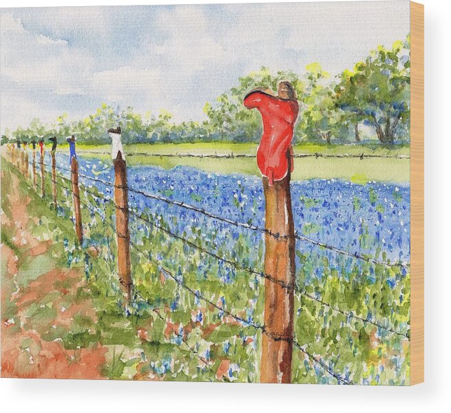 Texas Wood Print featuring the painting Texas Bluebonnets Boot Fence by Carlin Blahnik CarlinArtWatercolor