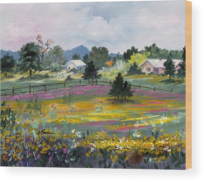 Texas Hillcountry Wood Print featuring the painting Texas Hillcountry Wildflowers by Adele Bower