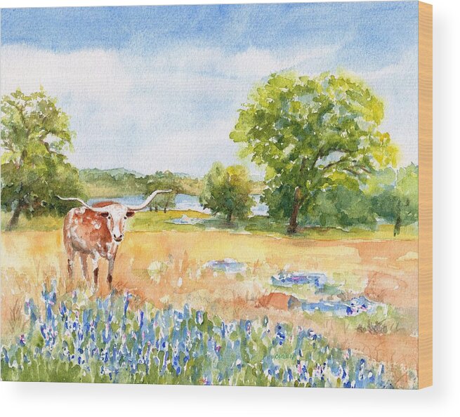 Longhorn Wood Print featuring the painting Texas Longhorn and Bluebonnets by Carlin Blahnik CarlinArtWatercolor