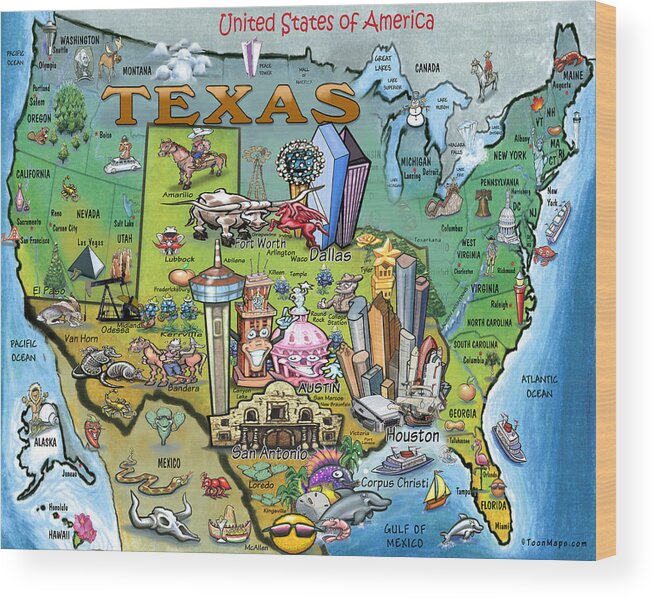 Texas Wood Print featuring the digital art Texas U.S.A. Cartoon Map by Kevin Middleton