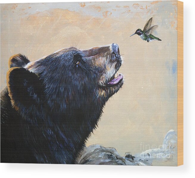 Bear Wood Print featuring the painting The Bear and the Hummingbird by J W Baker