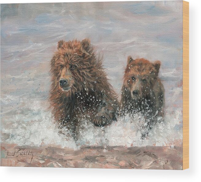 Bears Wood Print featuring the painting The Bears Are Coming by David Stribbling