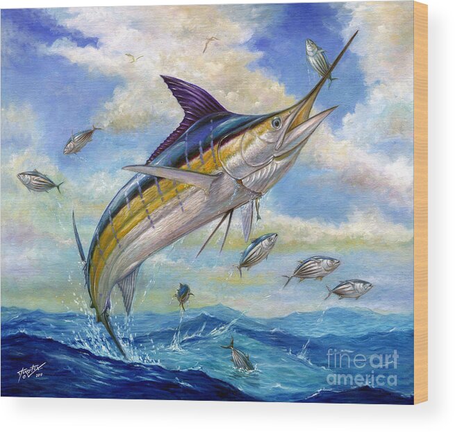 Blue Marlin Wood Print featuring the painting The Blue Marlin Leaping To Eat by Terry Fox