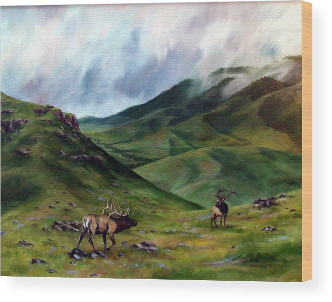Elk Wood Print featuring the painting The Challenger by David Maynard