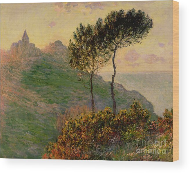 The Church At Varengeville Wood Print featuring the painting The Church at Varengeville against the Sunlight by Claude Monet