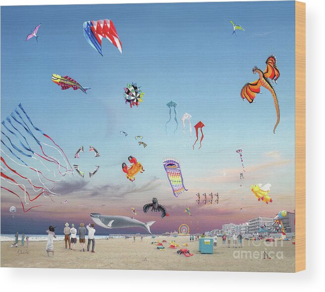 Kites Wood Print featuring the drawing The Kite Festival Ocean City MD by Albert Puskaric