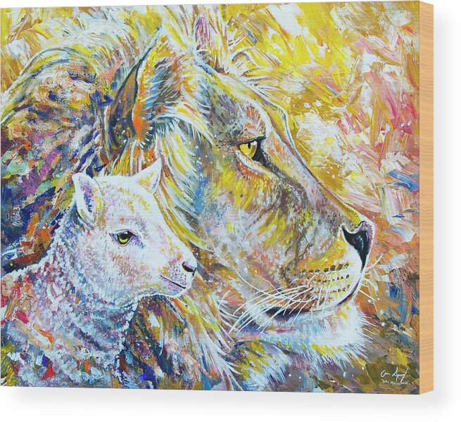 Lion Wood Print featuring the painting The Lion and the Lamb by Aaron Spong