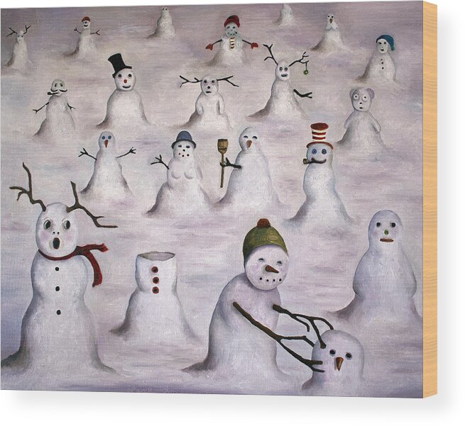 Winter Wood Print featuring the painting The Mystery Revealed on Snowman Hill by Leah Saulnier The Painting Maniac