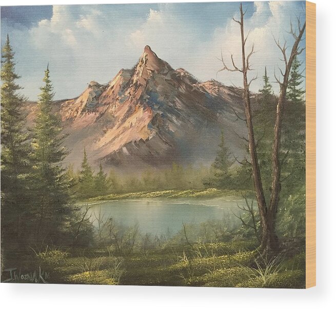 Landscape Mountain Summit Foothill Trees Sky Beauty Clouds Water Lake River Stream Valley Oak Tree Evergreen Pine Wood Print featuring the painting The summit by Justin Wozniak