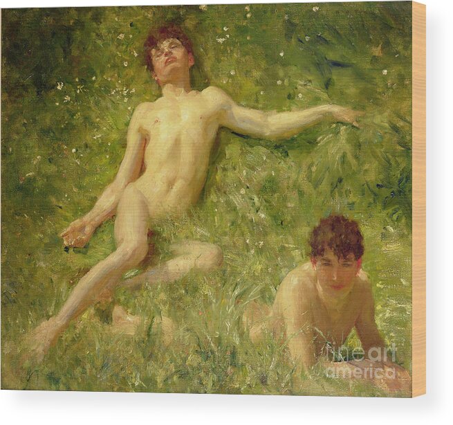 Sunbathing Wood Print featuring the painting The Sunbathers by Henry Scott Tuke