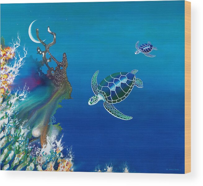 Beach House Wood Print featuring the painting The Twin Turtles of Oceania by Lee Pantas