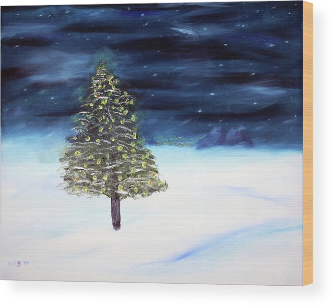 Winter Wood Print featuring the painting The Village with yellow tree lights by K R Burks