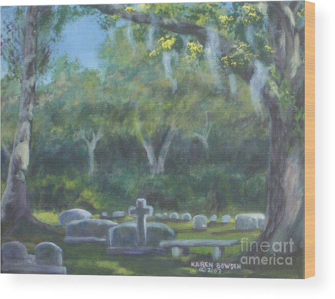 Landscape Cemetary Ghost Tree Florida Orlando Greenwood Wood Print featuring the painting The Visitor 75usd by Karen Bowden