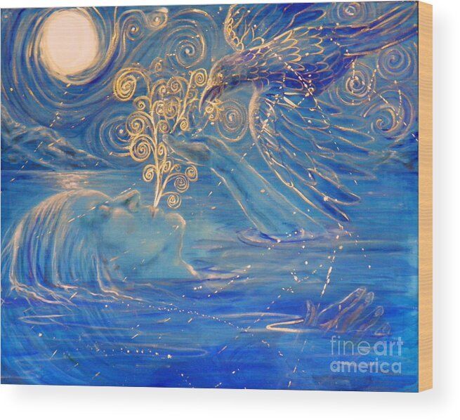 Blue Water Moon Light Shadow Dark Gold Reflection Shiny Bird Mountains Hands Landscape Surrealistic Allegory Woman Floating Stars Wood Print featuring the painting The Water Is Deep by Ida Eriksen