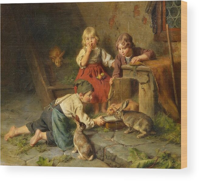 Felix Schlesinger Wood Print featuring the painting Three Children Feeding Rabbits by Felix Schlesinger